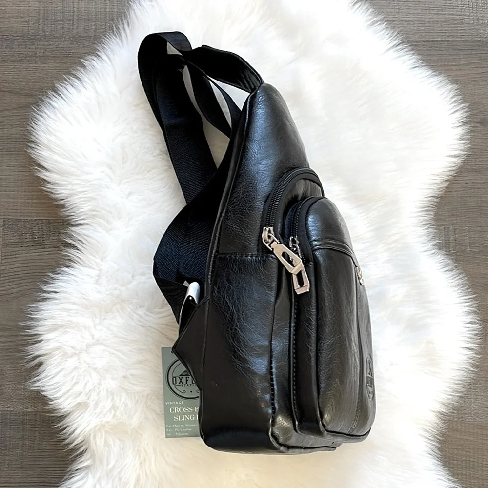 Oxford Station Vintage Style Unisex Crossbody Sling Bag Black Vegan Leather - Picture 4 of 12